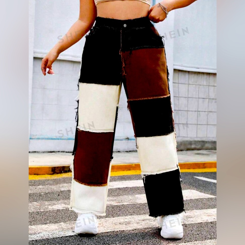 (3x$25) SHEIN Colorblock Top-stitching Wide Leg Jeans